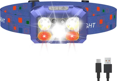 Vista 11 de Linterna frontal LED recargable, 800 lúmenes con luz roja y blanca, 8 modos, sensor de movimiento, carga USB-C, IPX4 impermeable (1, naranja)