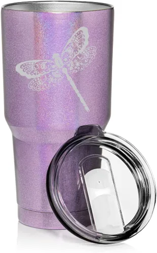 Vista 4 de Vaso de 30 onzas de acero inoxidable con aislamiento al vacío, taza de viaje con libélula floral (purpurina azul claro)