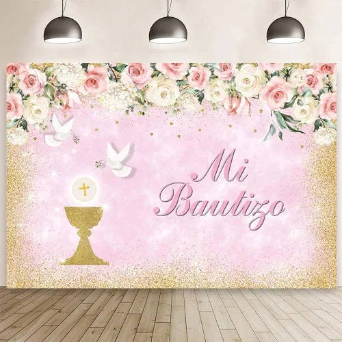 Vista 8 de AIBIIN Mi Bautizo - Telón de fondo para niño, cartel de bautizo de palomas de cáliz dorado, fondo para fotografía de bautizo, floral azul, primera