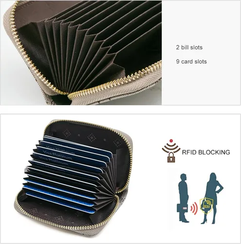 Vista 4 de FOXLOVER Cartera minimalista para tarjetas con protección RFID y diseño compacto con cremallera alrededor, ranuras para tarjetas de crédito