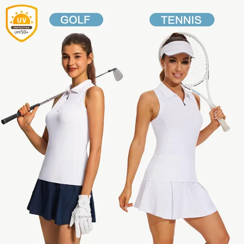 Vista 5 de MIVEI Camisetas de golf sin mangas para mujer, con espalda cruzada, con bolsillo con cremallera, cuello con cremallera de 14, secado rápido, UPF50