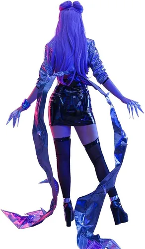 Vista 3 de Miccostumes Disfraz de cosplay para mujer, traje de cuero con pulsera y anillo de tobillo