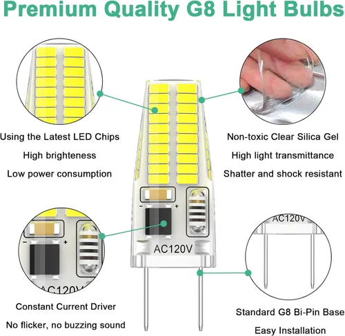 Vista 4 de Bombilla LED G8 regulable, 120V 20W 25W T4 JCD Tipo Base Bi-Pin, reemplazo de halógeno para iluminación de casquillo bajo gabinete, luz blanca