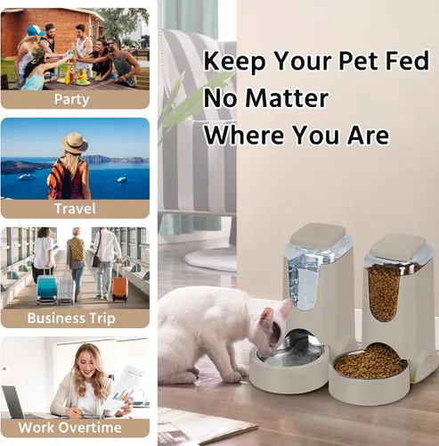 Vista 2 de Paquete de 2 alimentadores automáticos para gatos y dispensador de agua de acero inoxidable, juego de bebedero para perros por gravedad, juego