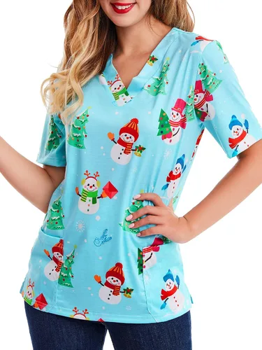 Vista 2 de Camisa de cuello en V con estampado de Navidad, muñeco de nieve azul claro
