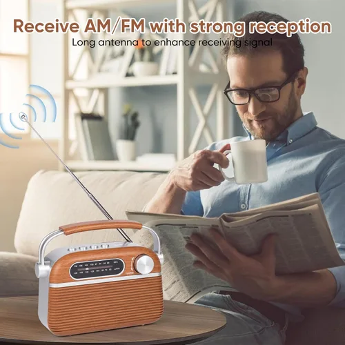 Vista 2 de Radio analógica retro AM FM Bluetooth Speak Plug in Wall, alimentación de CA o recargable o funciona con batería, transistor vintage con altavoz