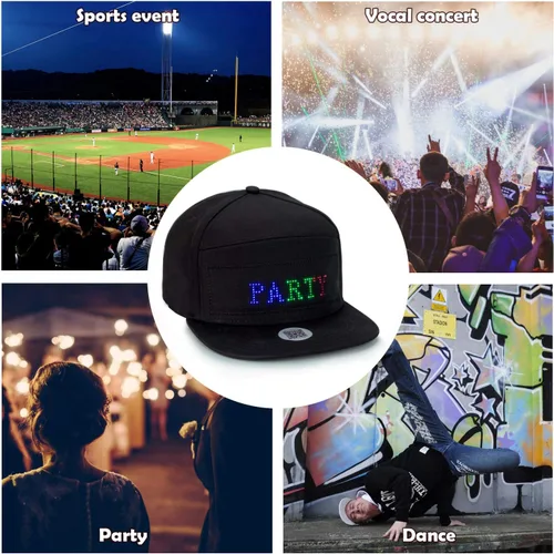 Vista 6 de Gorra de béisbol con letrero LED, control de aplicación Bluetooth, compatible con texto, patrón, graffiti para fiesta, correr, hip hop, bar, Navidad