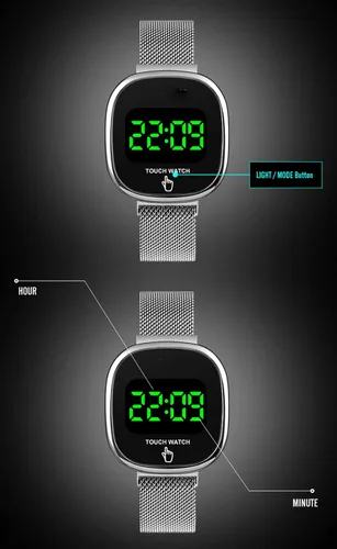 Vista 6 de MASTOP Reloj digital electrónico LED unisex, correa de malla inoxidable, resistente al agua, fecha táctil, cierre magnético, dorado