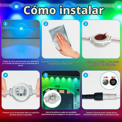 Vista 6 de XINKAITE Luces permanentes para exteriores de 50 pies con 25 LED, RGB+IC inteligentes con 16 millones de colores de bricolaje, IP67 impermeable