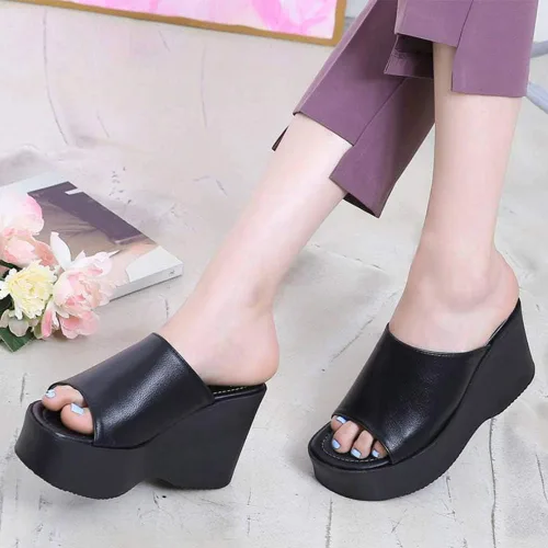 Vista 5 de Pantuflas de tacón alto con plataforma y puntera abierta para mujer, Negro, 7