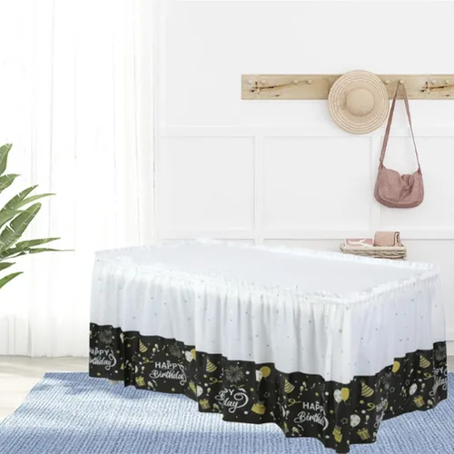 Vista 2 de 2 Pack Black Table Skirt Cover Happy Birthday Tablecloth Party Table Skirt Rectangular Table Cloth Cover for Indoor or Outdoor Parties Style 5