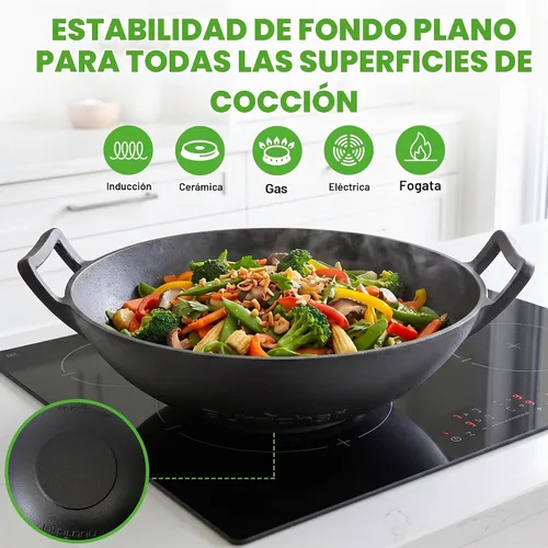 Vista 6 de NutriChef Wok de hierro fundido de 14 pulgadas con tapa de madera, Kadai pre-sazonado para freír con asas de bucle, compatible con múltiples estufas