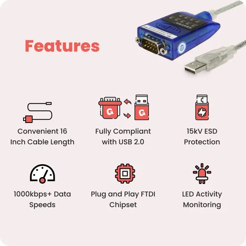 Vista 3 de Adaptador USB a serie RS-232 - Chipset FTDI original, luces indicadoras LED de doble color, Plug & Play, utiliza dispositivos seriales DB9 heredados