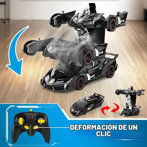Vista 4 de FDJ - Auto a control remoto que se transforma en robot, transformación con un botón a robot con luz intermitente, juguete de policía para niños