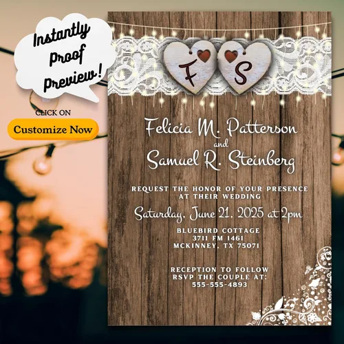 Vista 3 de Cantidad de 25 invitaciones de boda País Corazón y sobres de encaje impreso con texto blanco