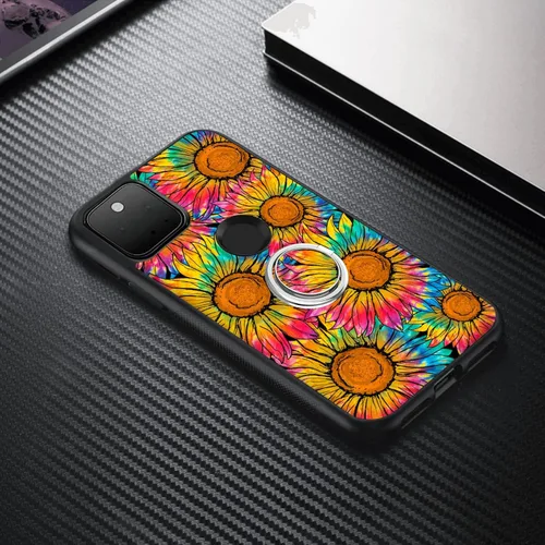 Vista 6 de Funda compatible con Google Pixel 5A 5G con soporte de anillo, diseño de girasol, funda protectora a prueba de golpes para Google Pixel 5A 5G