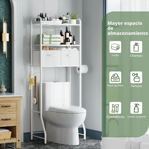 Vista 6 de Simple Trending Estante de almacenamiento sobre el inodoro con cajones, estante organizador de baño de metal de 3 niveles con soporte para papel y 3