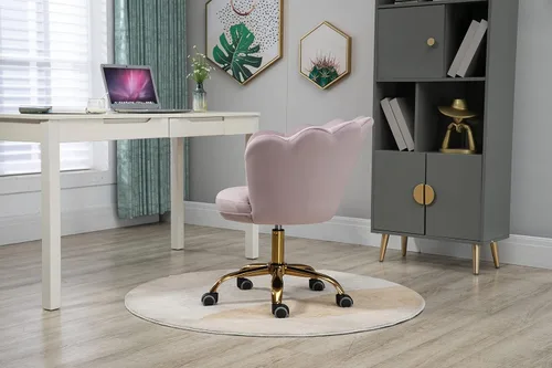 Vista 6 de Silla cómoda de oficina en casa con ruedas, linda silla de escritorio de tocador giratoria ajustable de terciopelo con respaldo de concha marina