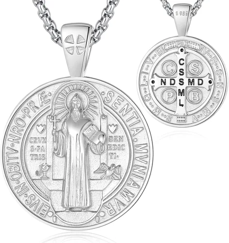 Vista 20 de EUDORA Medalla de plata de ley S925 con collar de San Patrono para mujeres A01-Saint Benedict Medalla