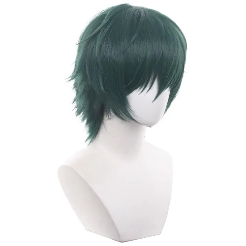 Vista 3 de Peluca de anime para cosplay, pelo sintético resistente al calor con gorra de peluca para fiesta de Halloween, Comic Con (verde oscuro-corto)