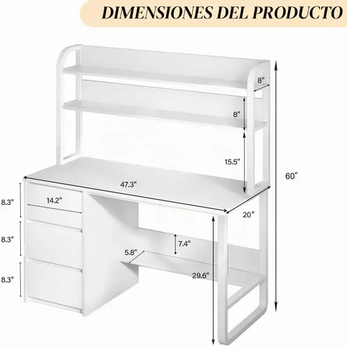 Vista 2 de MaverickFurni Escritorio para computadora de 60 pulgadas con estantes y hutch, escritorio de oficina en casa con 3 cajones de almacenamiento