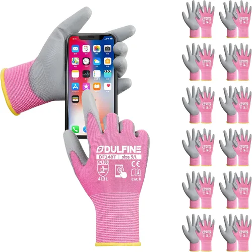 Vista 9 de DULFINE Guantes de trabajo ultrafinos con revestimiento de PU - 12 pares, excelente agarre, carcasa de nylon guantes de trabajo de seguridad