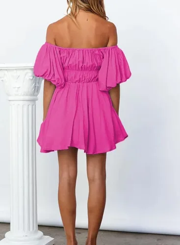 Vista 3 de Dokotoo Vestidos de verano para mujer, con hombros descubiertos, manga corta farol, con volantes, cintura elástica, acampanado, minivestido casual