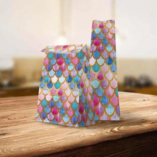 Vista 2 de GELYIJIX Pequeñas bolsas de regalo de papel, bonitas bolsas de regalo a granel para mujeres, hombres, fiestas, vacaciones, escamas de sirena