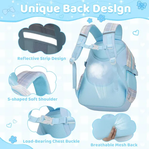 Vista 4 de Mochila escolar para niñas con lonchera, 5 unidades, linda mochila Kawaii para niños y adolescentes, mochila estética primaria, Azul, Bolsa