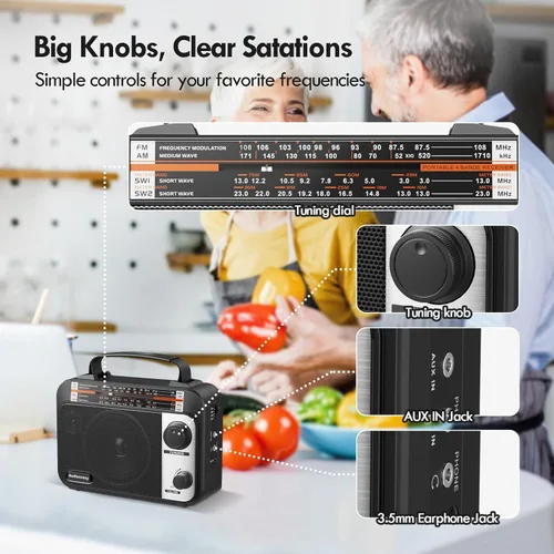 Vista 5 de Radio Transceptor de Bandas Múltiples AM/FM/SW1-2 con Funcionamiento por CA o Batería con la Mejor Recepción, Altavoz Grande y Botón de Negro