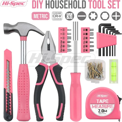 Vista 2 de Juego de herramientas Hi-Spec de 25 piezas, rosa, para el hogar, kit de bricolaje para mujeres. Juego de herramientas pequeñas y mini, básicas