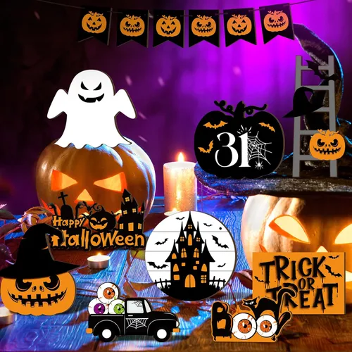 Vista 6 de Geetery Juego de 18 piezas de decoraciones de bandeja escalonada de Halloween, decoración de mesa de Halloween, gnomo de felpa, calabaza, fantasma