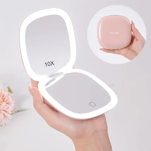 Vista 12 de Mocado Espejo de maquillaje compacto LED con aumento para viajes - 4 pulgadas 1X/10X de aumento, pequeño de bolsillo, doble cara, regulable, USB