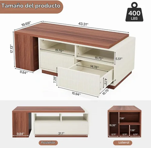 Vista 2 de Tribesigns Mesa auxiliar extensible con 2 cajones de almacenamiento, mesa reversible para sala de estar con estantes y parte superior ajustable