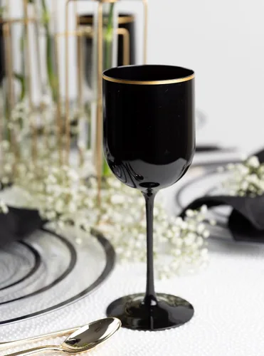 Vista 2 de PLASTICPRO Juego de 5 copas de vino de plástico con borde dorado, elegantes copas de vino de plástico duro en tallo de 12 onzas