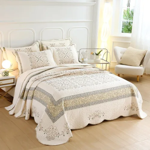 Vista 2 de vctops Elegante juego de edredón bordado de retazos de granja tamaño matrimonial/queen colcha cubrecama reversible juego de ropa de cama de algodón