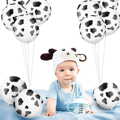 Vista 2 de 25 globos con estampado de vaca de 12 pulgadas, globos de látex de animales de granja para vaquero occidental, cumpleaños, granja, baby shower
