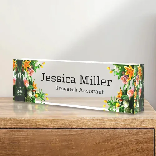 Vista 96 de Placa de identificación personalizada para escritorio, decoración de oficina de acrílico transparente con diseño de flores, decoraciones