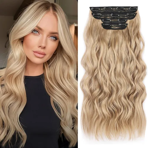 Vista 17 de Extensiones de cabello rubio con clip, de 22 pulgadas, extensiones de cabello largo y rizado con clip, 4 unidades, extensiones de cabello sintético