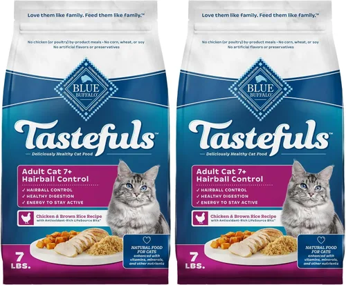 Vista 12 de Blue Buffalo Tastefuls Alimento seco natural para gatos adultos mayores de 7 años, control de bolas de pelo, receta de pollo y arroz integral, bolsa