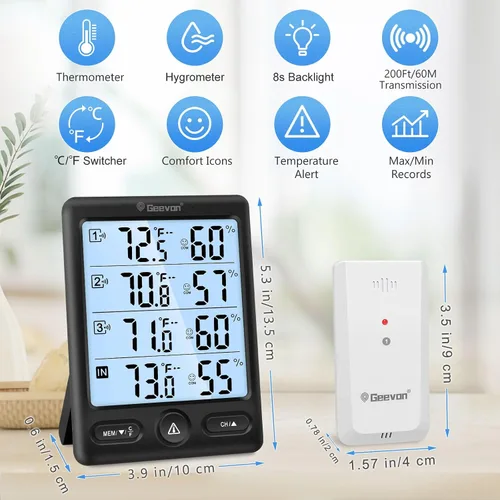 Vista 4 de Geevon Termómetro inalámbrico para interiores y exteriores, 3 sensores remotos, pantalla de 5 pulgadas, termómetro higrómetro digital, monitor
