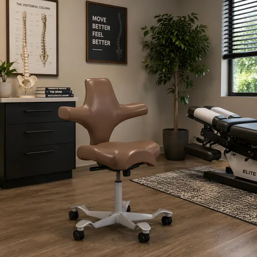 Vista 18 de HAG Capisco Sit to Stand Chair-Blush Rose Frame-Upholstered Black Onyx Vinyl