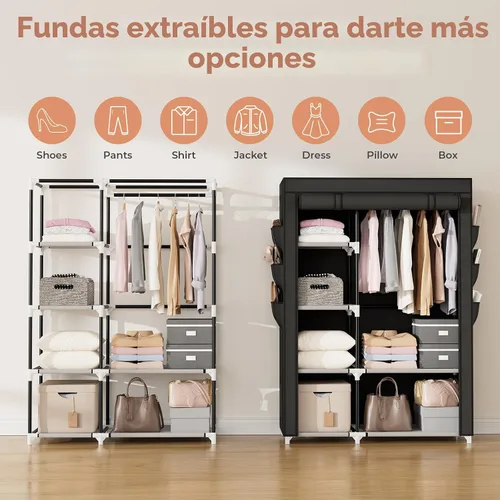 Vista 6 de VTRIN Armario Ropero, 41.7 Pulgadas de Ancho Armarios Portátiles para Colgar Ropa con 1 Barra para Colgar, 6 Estantes, 6 Bolsillos, Perchero