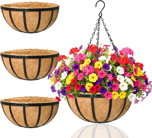 Vista 8 de Macetas colgantes para plantas de exterior, paquete de 4 cestas colgantes de metal de 12 pulgadas con forro de fibra de coco y alambre para plantas