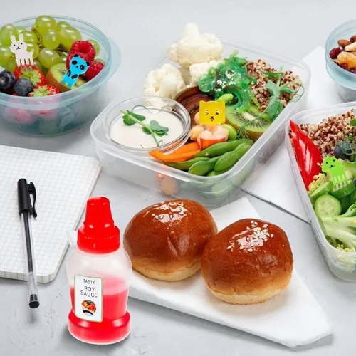 Vista 4 de Contenedor de 26 piezas de lonchera Bento para salsa de soja, 5 mini botellas de plástico para condimentos, lindos accesorios de almuerzo para niños