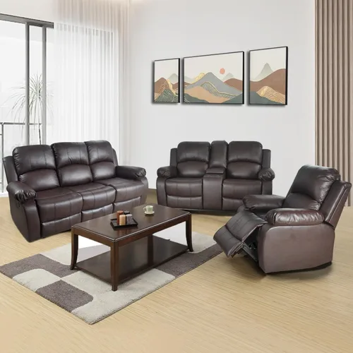 Vista 22 de Juego de muebles de sala de estar, juego de sofá reclinable de cuero, sofá reclinable y sofá biplaza, juego de sofá de cuero beige, juego de muebles
