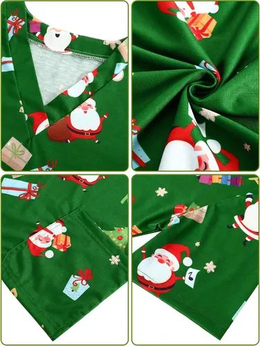 Vista 7 de Camiseta de manga corta con cuello en V para mujer, diseño de Navidad, color verde Navidad