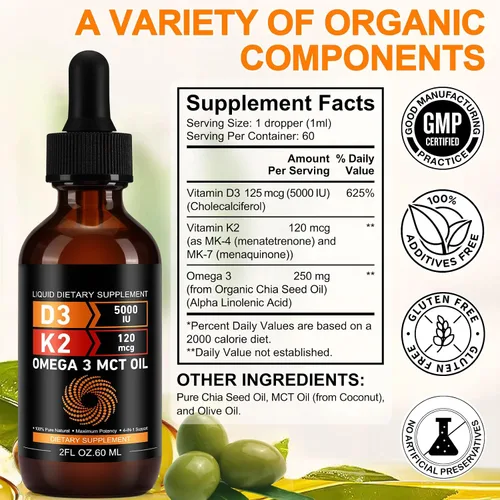 Vista 5 de Daiasns Vitamina D3 5000 UI y K2 (MK-7) 120 mcg 2.0 fl oz gotas con aceite MCT Omega 3, suplementos líquidos de vitamina D3 y K2 - Suministro de 2