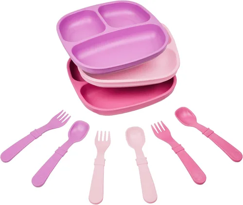 Vista 13 de Re-Play Juego de vajilla para niños pequeños, 3 platos divididos, 3 cuencos para aperitivos y 3 juegos de tenedores y cucharas, vajilla para niños