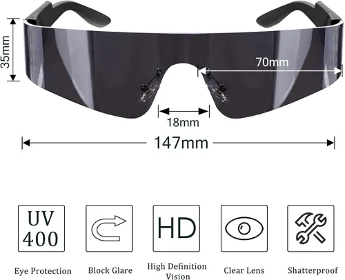 Vista 2 de Crazy Feng Gafas de sol envolventes futuristas sin montura para mujeres y hombres, gafas de sol Cyberpunk con visera